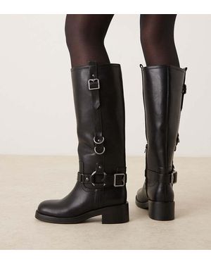 ASOS Wide Fit Cobra Buckle Harness Knee Boots With Silver Hardware - Black