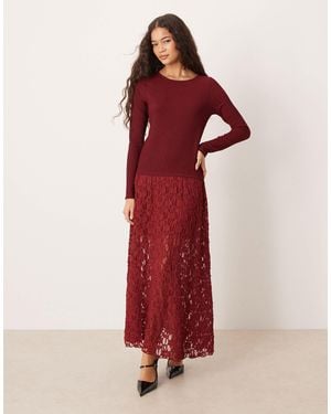 ASOS Long Sleeve Dropped Waist Lace Skirt Midi Dress - Red