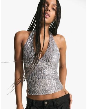 Bershka – drapiertes neckholder-oberteil mit paillettenbesatz - Weiß