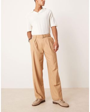ASOS Smart Wide Leg Belted Trousers With Front Pleat - Natural