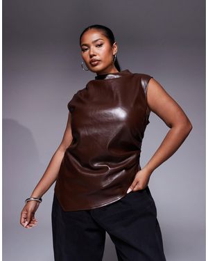 ASOS Asos Design Curve Leather Look Drape High Neck Asymmetric Smart Top - Blue