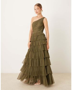 LACE & BEADS One-shoulder Tiered Tulle Maxi Dress - Green