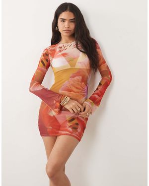 Kaiia – exclusive – langärmliges netzstoff-minikleid mit blumenmuster - Rot