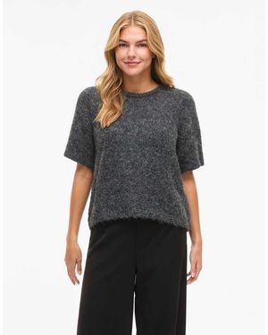 Vila Top De Punto Holgado Con Cuello Redondo Y Mangas En Gris Oscuro Jaspeado - Negro