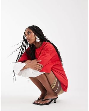 Lioness 2 In 1 Oversized T-shirt Overlay And Striped Long Sleeve Shirt In And White - Red