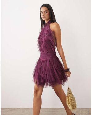 LACE & BEADS Tulle Halter Ruffle Detail Tiered Mini Dress - Purple