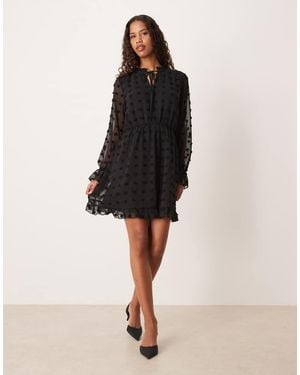 Vila Dobby Mesh Long Sleeve Mini Dress - Black
