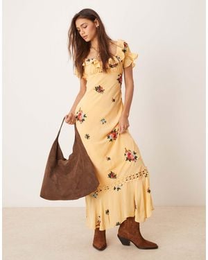 Free People Floral Embroidered Puff Sleeve Maxi Dress - Natural