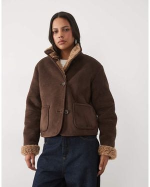 New Look Bonded Faux Suede Borg Lined Coat - Brown