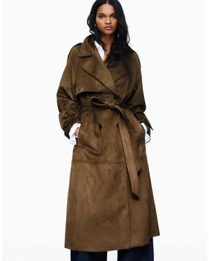 Bershka Faux Suede Trench Coat - Brown