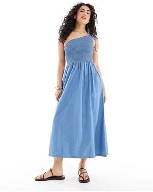 ASOS Soft Denim Midi Dress With Asymmetric Neckline - Blue