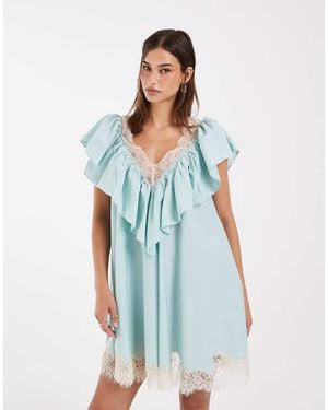 ASOS V Neck Poplin Ruffle Mini Dress With Lace Trim - Blue