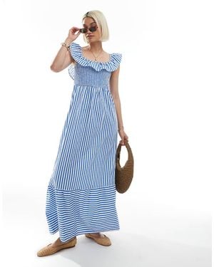 Vero Moda Vestido Largo Azul Y Blanco A Rayas Con Cuerpo Fruncido Y Detalle De Volante En Las Mangas De