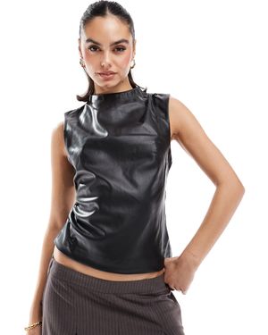 Stradivarius Faux Leather High Neck Top - Black