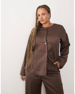 Pretty Lavish Curve Breya Satin Button Through Deep Cuff Blouse Co-Ord - Brown