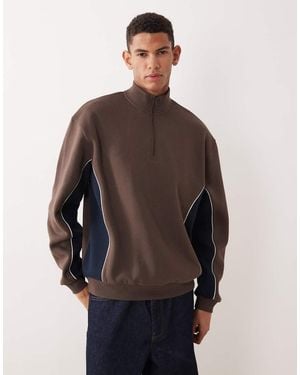 ASOS Relaxed Half Zip Sweatshirt With Cut And Sew Panels - Brown