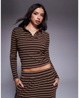 Wanderdoll Frankie Premium Heavyweight Jersey Collar Detail Long Sleeve Polo Top Co-Ord - Brown