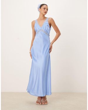 OMNES Aurelia Lace Trim Satin Maxi Dress - Blue