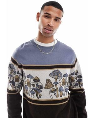 Kavu Jersey Con Patrón De Setas De Jacquard Retro Y Cuello Subido De - Azul