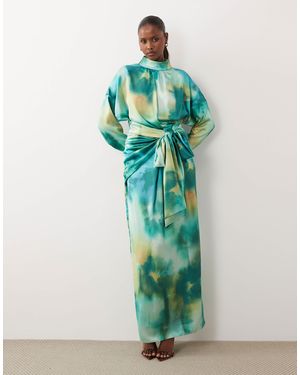 DASKA Satin High Neck Long Sleeve Knot Detail Maxi Dress Green Blur Print