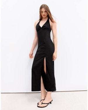 Bershka Halter Midi Dress With Linen - Black