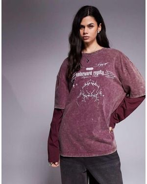 Liquor N Poker Oversized Long Sleeve T-Shirt With Broken Hearts Graphic - Purple