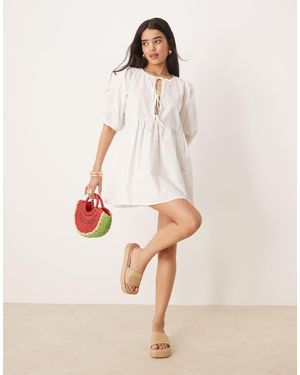 Gina Tricot Mini Dress With Tie Front Bodice And Puff Sleeves - Natural