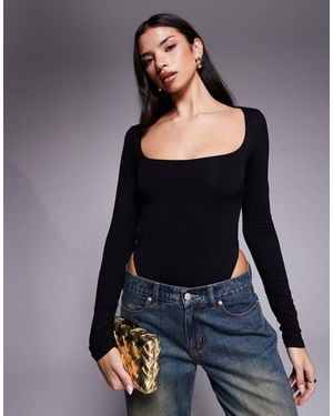 Tiger Mist Minerva Square Neck Long Sleeve Slinky Strappy Thong Detail Body - Black