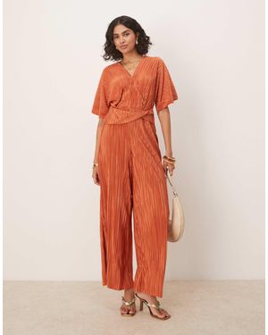 ASOS Plisse Plunge Short Sleeve Wrap Waist Jumpsuit - Orange