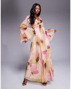 ASOS Fluted Sleeve Twist Front Maxi With Plunge Neckline - Multicolor