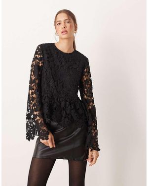 Lovedrobe Floral Lace Bell Sleeve Peplum Top - Black