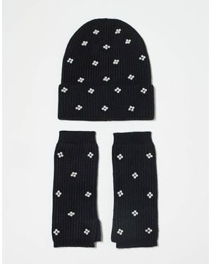 Pieces 2 Pack Gift Set Pearl Detail Beanie Hat And Arm Warmers - Blue