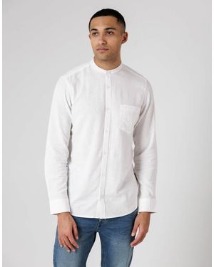 French Connection Linen Blend Long Sleeve Grandad Collar Chest Pocket Shirt - White