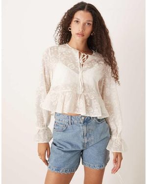 Mango Tie Neck Embroidered Long Sleeve Top - Natural