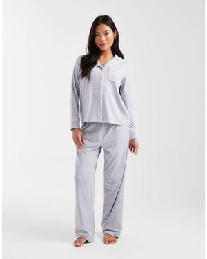 ASOS Asos Design Petite Super Soft Long Sleeve Shirt & Pants Pajama Set With Contrast Piping - Gray