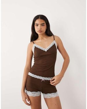ASOS Halfdoorschijnende Geribbelde Pyjamaset Met Cami En Short - Bruin