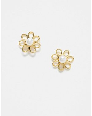 Kingsley Ryan Flower Stud Earrings With Pearl Detail - Metallic