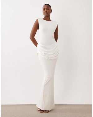 Wanderdoll Eman Sleeveless Slash Neck Draped Waist Detail Bodycon Satin Maxi Dress - White