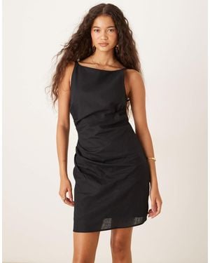Mango Ruched Side High Scoop Neck Mini Dress - Black