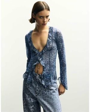 Pull&Bear Leopard Print Frilled Top - Blue