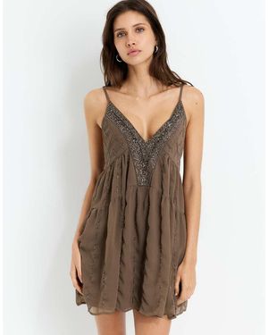 Pull&Bear Vestito Corto Talpa Con Perline - Marrone