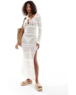 Miss Selfridge Knitted Crochet O Ring Long Sleeve Maxi Dress - White