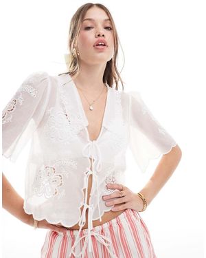 Mango Tie Front Embroidered Blouse - White