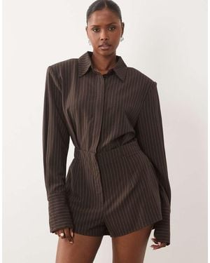 Noughts & Kisses Shoulder Pad Tailored Deep Cuff Romper - Brown