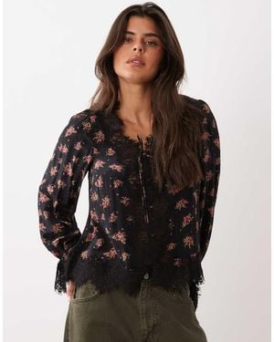Nobody's Child Wilde V-Neck Lace Trim Tie Detail Blouse - Black