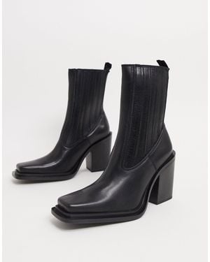 Mango Square Toe Leather Heeled Boots - Black