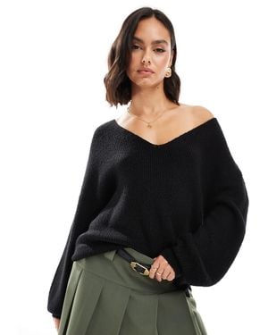 Threadbare Fluffy V-neck Slouchy Sweater - Black