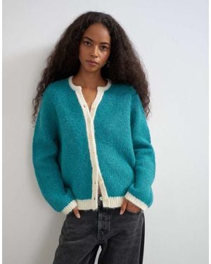 TOPSHOP Cárdigan De Punto Suave Con Acabado De Pelo En Azul Verdoso Y Detalle De Ribete