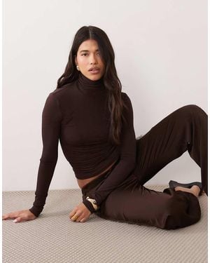 Noughts & Kisses Gina Sheer Knitted Roll Neck Top - Brown