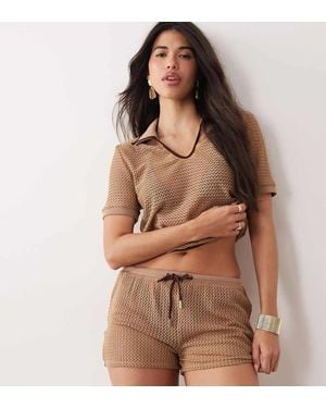 Kaiia Exclusive Contrast Trim Crochet Shorts - Brown